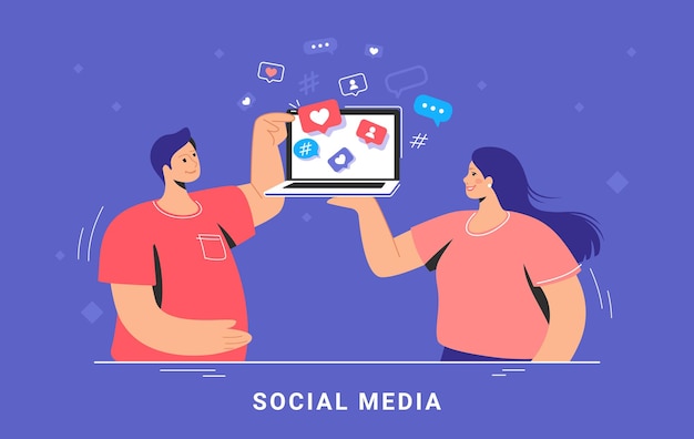 Social media marketing e aumento del pubblico. Illustrazione di concetto vettoriale piatto di donna e uomo sorridenti in piedi con laptop e reti di navigazione per chattare e ottenere Mi piace e cuori