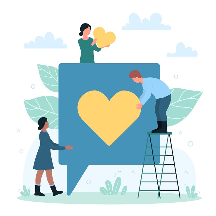 Social media marketing e risposta dei clienti piccole persone che tengono i cuori dando like