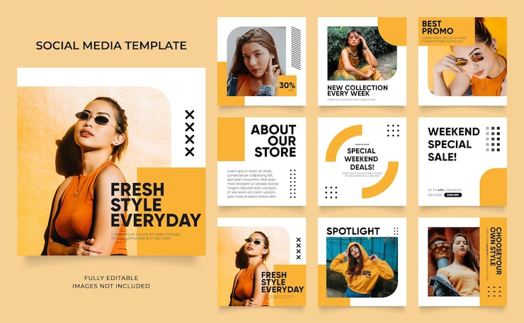 Vettore social media modello banner blog moda vendita promozione completamente modificabile instagram e facebook piazza post frame puzzle vendita organica poster fresco giallo elemento forma sfondo vettoriale