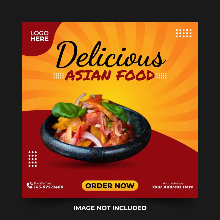 Social Media Post Asian Food Circle Red Poster Promozione Sconto Menu Ristorante Yellow Sunbrust