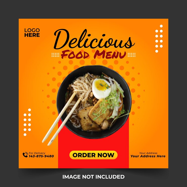 Social Media Post Cibo asiatico Yellow Halftoon Poster Promozione Sconto Menu Ristorante Volantino Annunci rossi