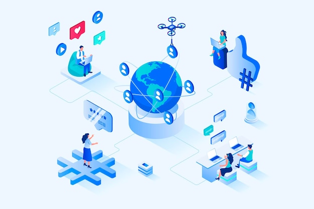 Social network 3d isometrico web design Illustrazione web vettoriale