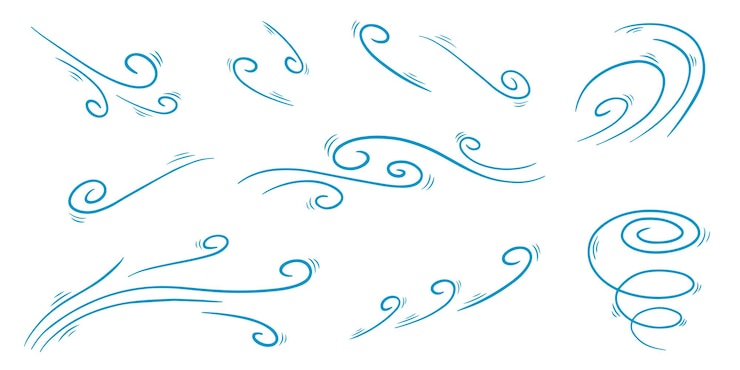 Vettore soffio del vento impostato in un'illustrazione vettoriale in stile doodle flusso di aria fredda durante il tempo ventoso
