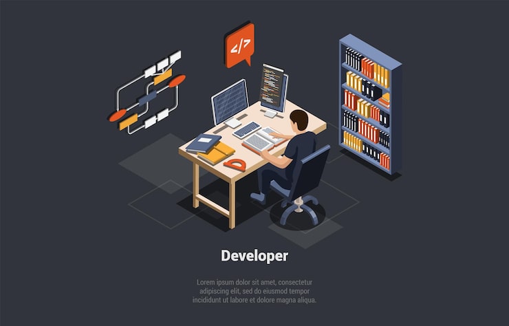 Vettore software development coding process programmer o web developer coding app sullo schermo del computer con codice script e open windows man coder engineer sul posto di lavoro isometrico 3d vector illustration
