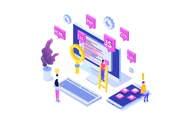 Software di programmazione o concetto isometrico di sviluppo di app, elaborazione di big data. illustrazione
