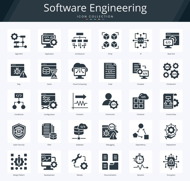 Software engineering glyph icon pack per lo sviluppo di devops e programmazione