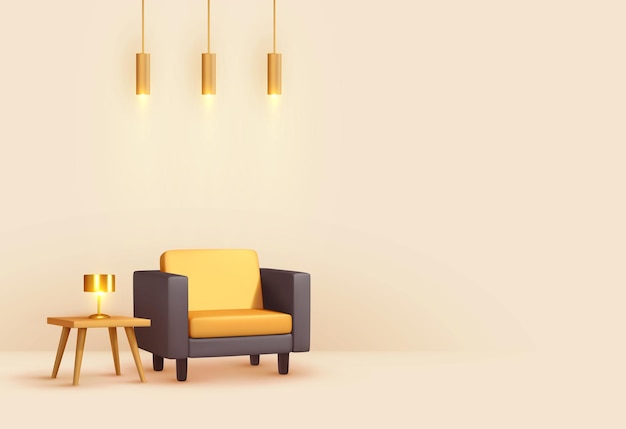 Soggiorno di design d'interni. Tavolo quadrato in legno realistico con lampada d'oro. Poltrona tessuto giallo e nero. Lampade a sospensione dorate. Composizione minima rendering 3d. Illustrazione vettoriale
