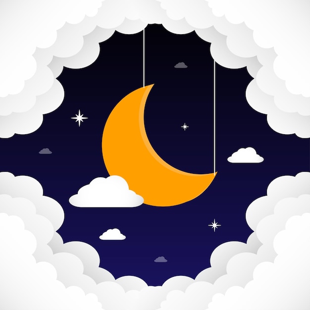 Sogni d'oro. Luna crescente, nuvole e stelle su sfondo notturno. Illustrazione vettoriale.