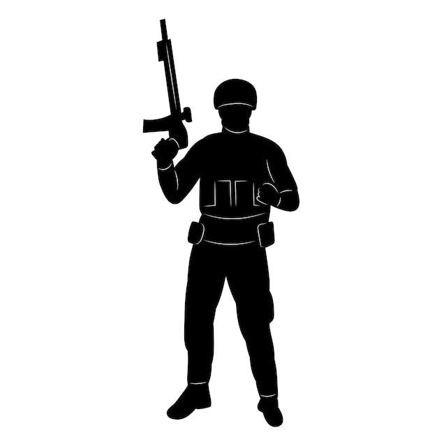 soldato con silhouette di arma su sfondo bianco