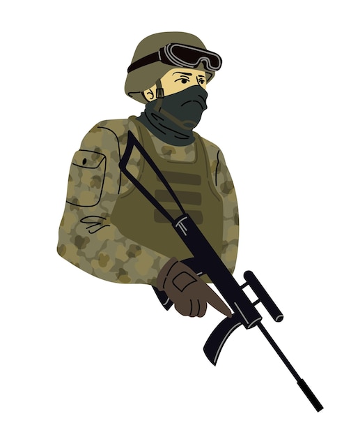 Soldato dell'esercito in uniforme da combattimento camuffato con pistola e maschera sul viso in stile cartone animato Vettore isolato