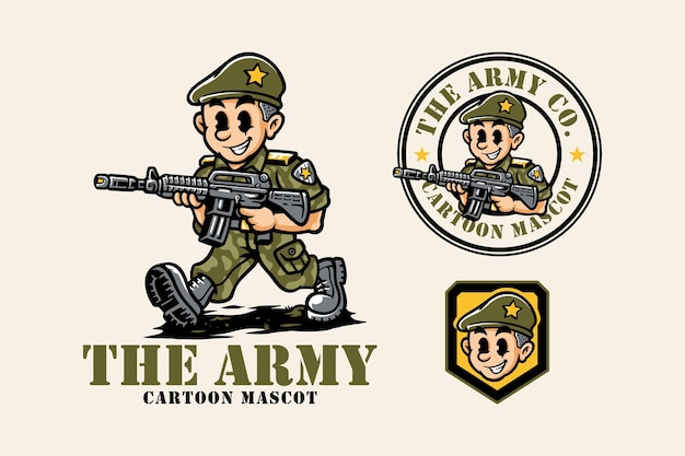 soldato esercito militare che tiene l'arma cartone animato mascotte logo design per squadra di squadra di avventura sportiva