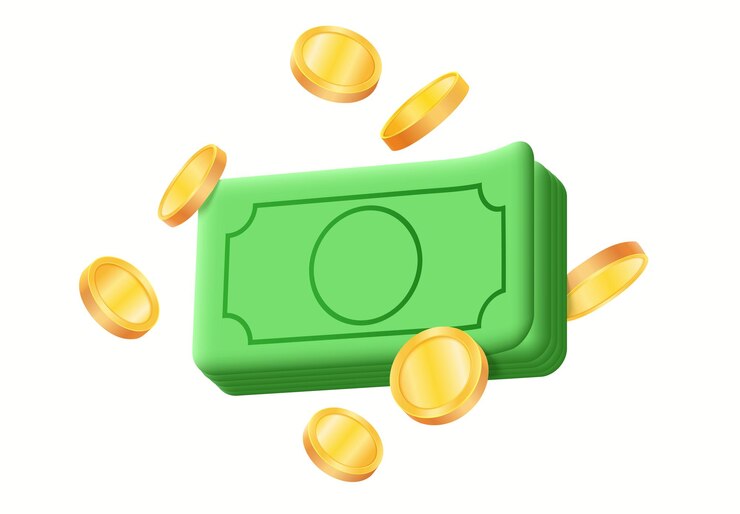 Soldi in caduta. 3d monete d'oro realistiche e pacchetto di banconote in dollari. Portafoglio soldi con carta verde