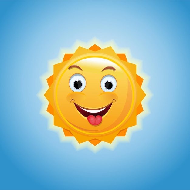 Sole sorridente contro il cielo blu. Un piccolo sole allegro mostra una lingua. Sole antropomorfo allegro. illustrazione