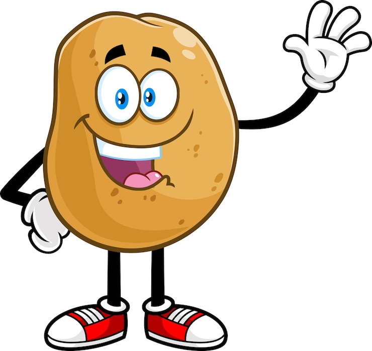 Vettore sorridente personaggio dei cartoni animati di patate agitando per il saluto