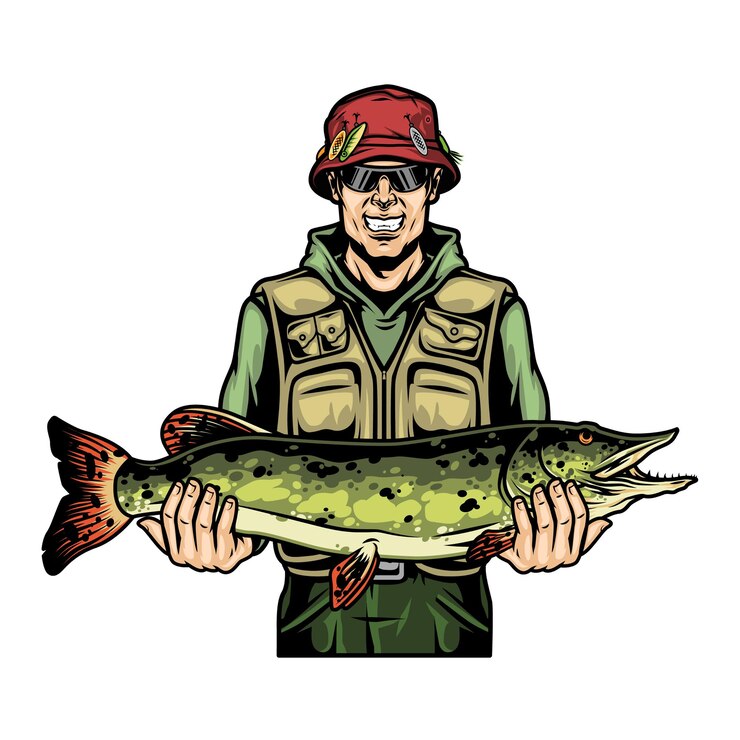 Vettore sorridente pescatore tenendo pescato luccio pesce in stile vintage illustrazione isolato