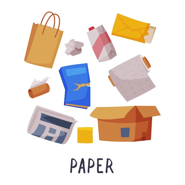 Sortimento dei rifiuti di carta Segregazione e separazione dei rifiuti Illustrazione del vettore su sfondo bianco