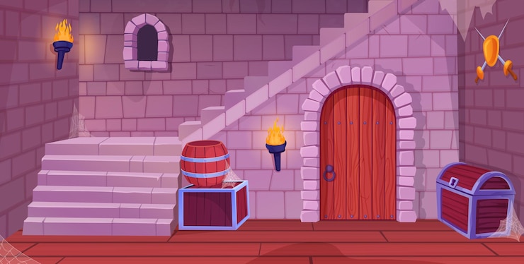 Vettore sottofondo del castello dungeon sotterraneo stanza segreta all'interno della prigione antica porta di ingresso architettura del caveau medievale interno concetto di gioco rpg sfondo ingegnosa illustrazione vettoriale