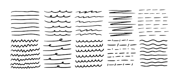 Sottolineamento a penna disegnato a mano e set di tratti scarabocchiato matita o linea di marcatore