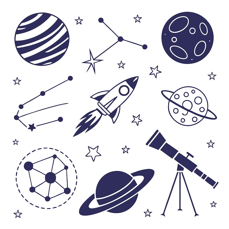 Vettore space and astronomy flat vector icons set per temi di esplorazione cosmica e spaziale