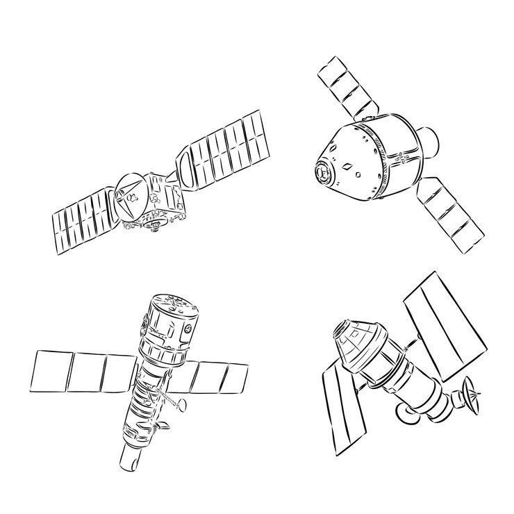 Vettore space shuttle radiotelescopio e cometa asteroide e meteorite astronauta esplorazione inciso disegnato a mano in vecchio stile vintage schizzo per etichetta nave volante lancio di un razzo verso il cielo