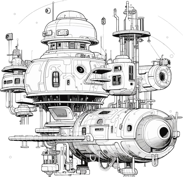 Space Station Black Line Art Coloring Book 1 Convertito