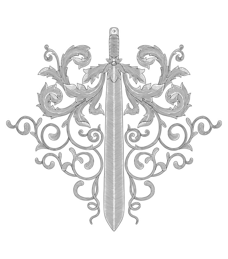 Vettore spada antica con illustrazione di stile di disegno incisione vintage ornamento