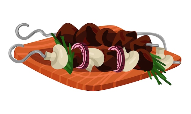 Spade con barbecue sono disposte su una tavola da taglio in legno pezzi succosi con funghi e cipolle