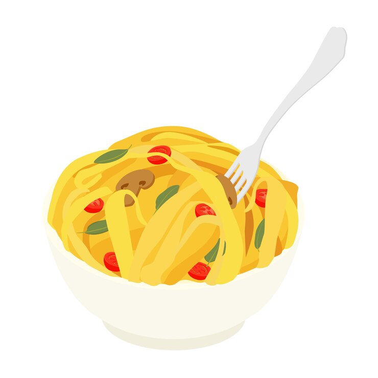 Vettore spaghetti italiani con salsa di pomodoro funghi parmigiano e basilico in una ciotola