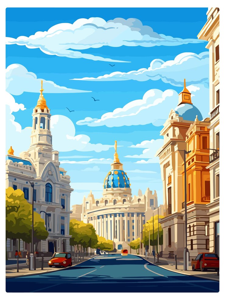 Vettore spagna madrid vintage travel poster souvenir postcard ritratto pittura illustrazione wpa