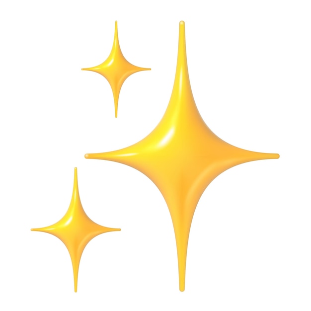 Sparkles emoji Stelle luminose 3D realistico rendering icona dorata lucida Simbolo di stella gialla scintillante per il messaggio dei social media Segno UI di feedback positivo isolato vettoriale