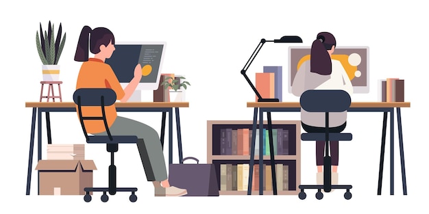 Spazio di coworking con due persone che lavorano a scrivania piante scaffali per libri e forniture per ufficio design moderno del posto di lavoro