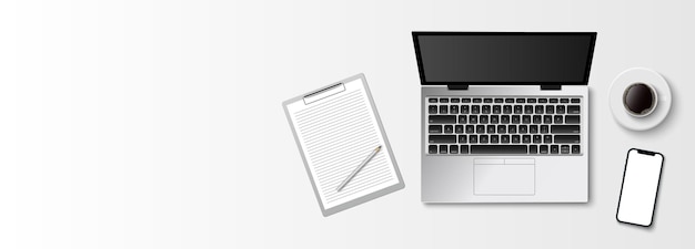 Spazio di lavoro minimo piatto laici, scrivania da ufficio vista dall'alto con computer portatile