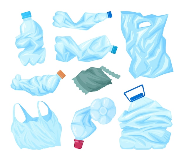 Spazzatura di plastica schiacciata sacchetti e bottiglie di polietilene cartone per il riciclaggio di rifiuti di plastica inquinamento set di illustrazione vettoriale piatto raccolta di imballaggi di plastica usa e getta