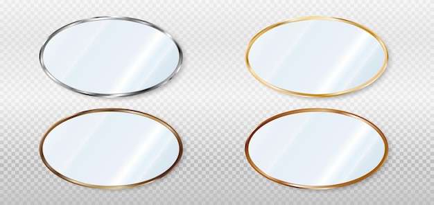 Specchi ovali realistici in bronzo metallico e cornici dorate Lastra di vetro riflettente vettore 3d