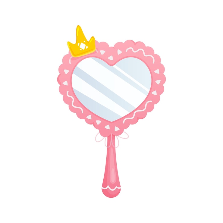 Vettore specchio a mano princessspecchio rosa a forma di cuore con corona d'orostile cartone animato