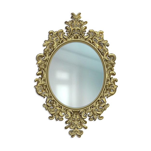 Specchio realistico con cornice decorativa dorata Superficie di vetro riflettente in confine ornato vittoriano Appeso isolato sulla parete Decorazione interna reale Cornice rotonda di lusso Modello di arredamento per stanza vettoriale