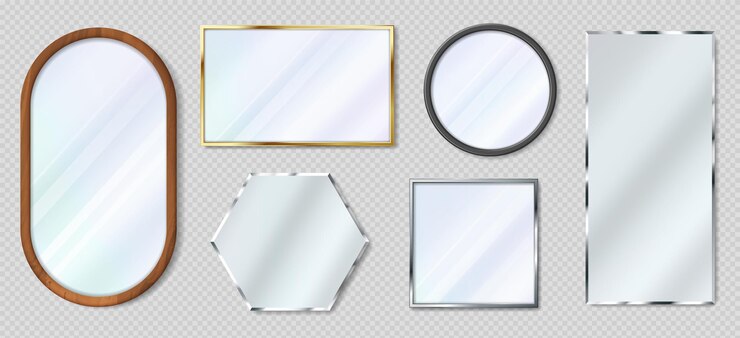 Vettore specchio realistico in varie forme, vetro riflettente con cornici in metallo. specchi con cornice in legno e oro metallizzato 3d, set di vettore di decorazioni per interni