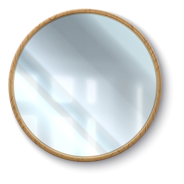 Specchio realistico Superficie in vetro riflettente 3D in cornice circolare Forma rotonda geometrica Appeso a parete elemento interno Mobili bagno o camera da letto Oggetto di arredo appartamento vettoriale