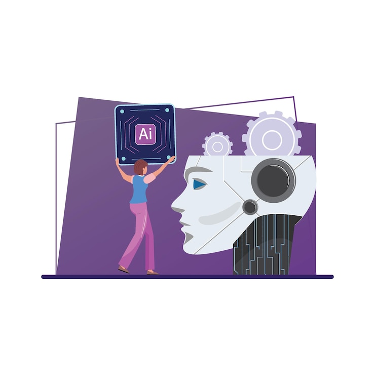 Vettore specialista della tecnologia femminile che installa il processore nella tecnologia viola android