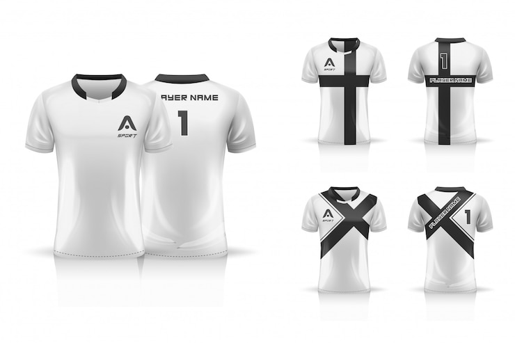 Vettore specifica modello da calcio, modello esport gaming t shirt jersey. set da collezione uniforme. illustrazione