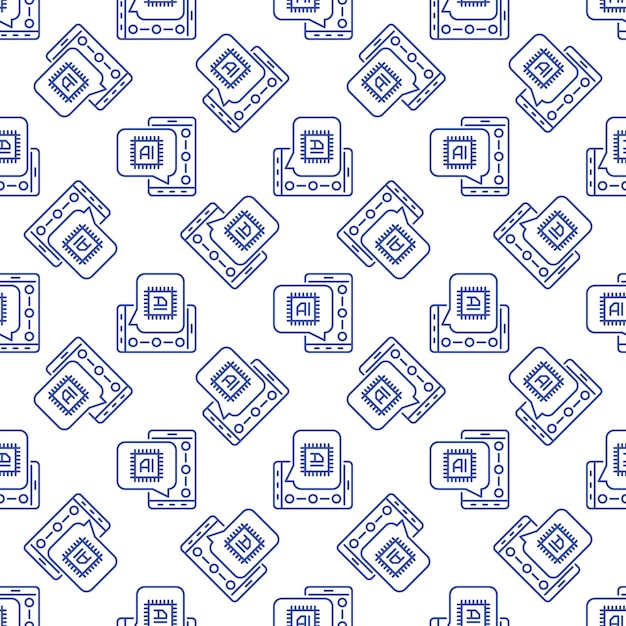 Speech Bubble con intelligenza artificiale su smartphone vettoriale AI Seamless Pattern in stile lineare.