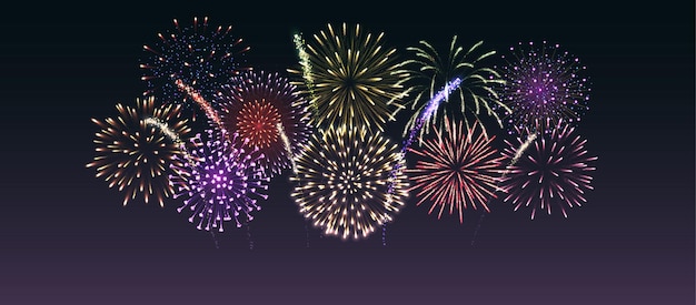 Spettacolo di fuochi d'artificio luccicanti illustrazione vettoriale realistica
