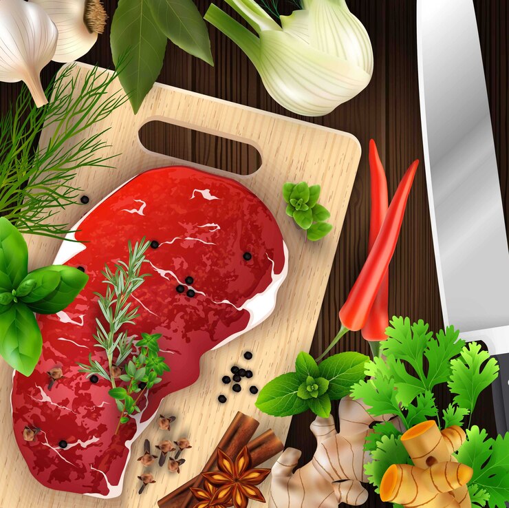 Vettore spezie ed erbe e carne con tagliere e coltello