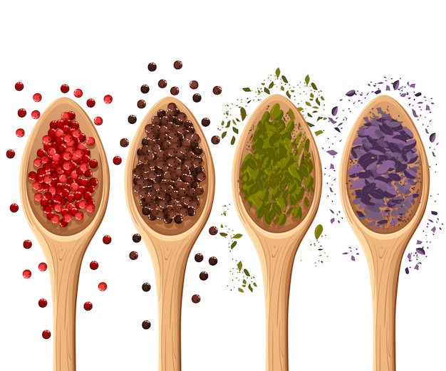 Spezie nei cucchiai su elemento di illustrazione fotorealistica bianca in cucina, ingrediente da cucina, pagina del sito Web di decorazione della confezione e elemento di design di app per dispositivi mobili.