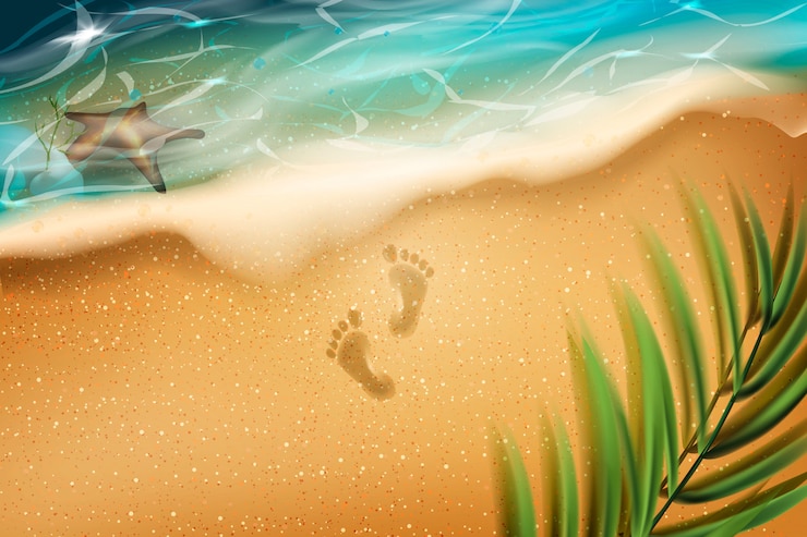 Vettore spiaggia d'estate. impronte nella sabbia.