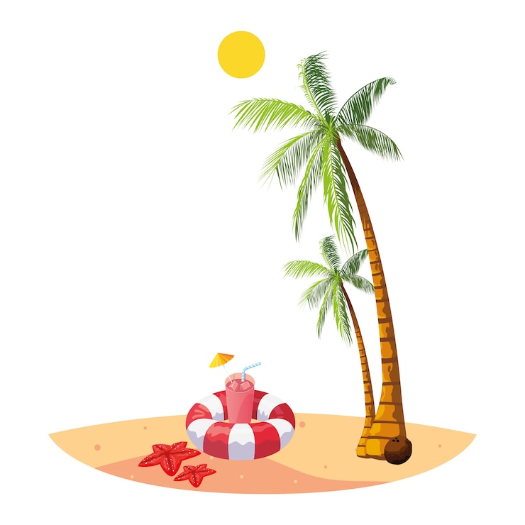 Vettore spiaggia estiva con palme e scena galleggiante
