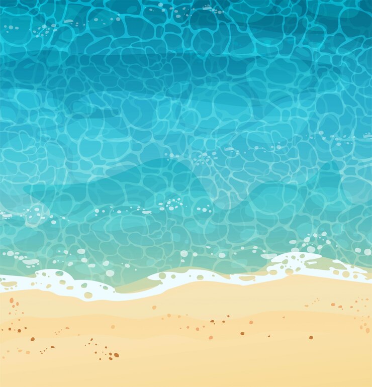 Vettore spiaggia estiva con sabbia, vista dall'alto. l'onda rotola sulla sabbia, schiuma di mare, acqua blu. illustrazione di cartone animato