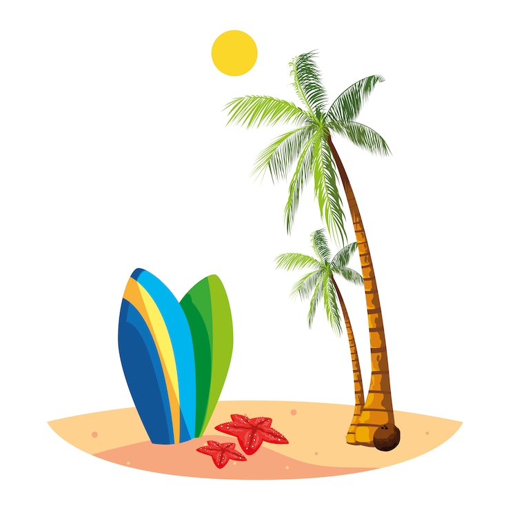 Vettore spiaggia estiva con scena di palme e tavole da surf