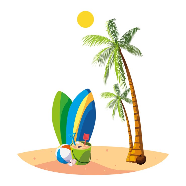 Vettore spiaggia estiva con scena di palme e tavole da surf