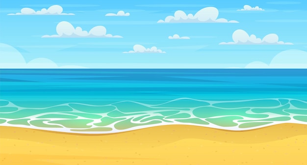 Spiaggia estiva dei cartoni animati. Vacanza nella natura paradisiaca, mare o mare.